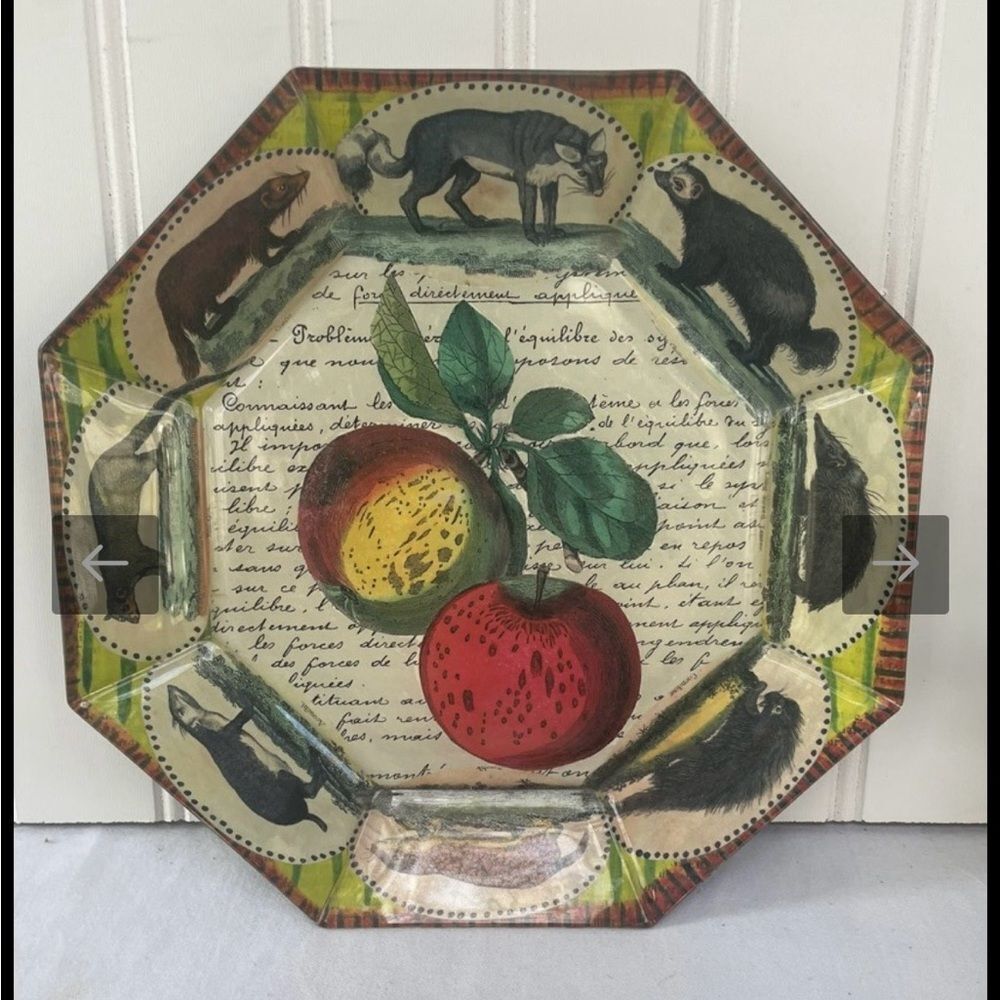 Vintage Decoupage Glass Plate – Apples & Woodland Animals Signed John Derian ‘93
